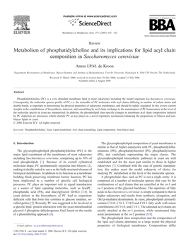 Metabolism of Phosphatidylcholine and Its Implications for Lipid Acyl Chain Composition in Saccharomyces Cerevisiae