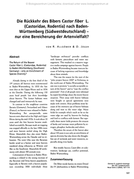 Die Rückkehr Des Bibers Castor Fiber L. (Castoridae, Rodentia) Nach Baden- Württemberg (Südwestdeutschland) - Nur Eine Bereicherung Der Artenvielfalt?