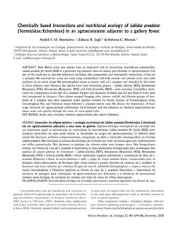 Chemically Based Interactions and Nutritional Ecology of Labidus Praedator (Formicidae: Ecitoninae) in an Agroecosystem Adjacent to a Gallery Forest