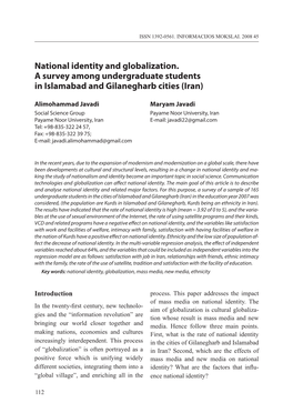 National Identity and Globalization. a Survey Among Undergraduate Students in Islamabad and Gilanegharb Cities (Iran)