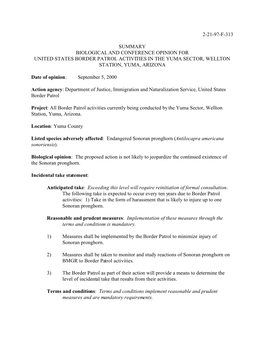 2-21-97-F-313 Summary Biological and Conference Opinion for United States Border Patrol Activities in the Yuma Sector, Wellton S