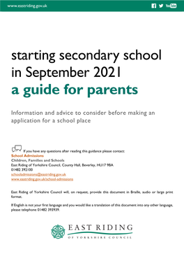 Starting Secondary School in September 2021 a Guide for Parents