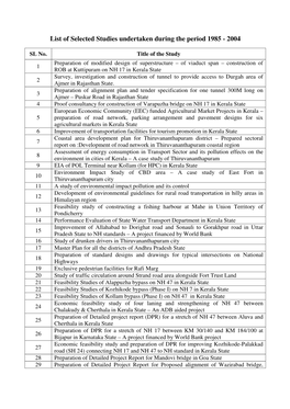 List of Selected Studies Undertaken During the Period 1985 - 2004