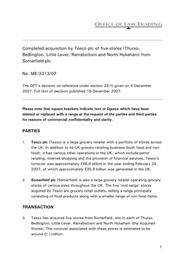 Completed Acquisition by Tesco Plc of Five Stores (Thurso, Bedlington, Little Lever, Ramsbottom and North Hykeham) from Somerfield Plc