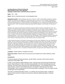 Marius Barbeau Fonds: Huron Wyandot Catalogue Numbers B-G-1 to B-G-221; B-G-C1 to B-G-C11 Page 1 of 137