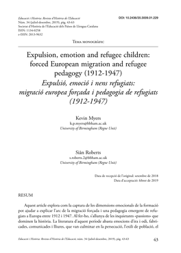 Forced European Migration and Refugee Pedagogy (1912-1947) Expulsió, Emoció I Nens Refugiats: Migració Europea Forçada I Pedagogia De Refugiats (1912-1947)