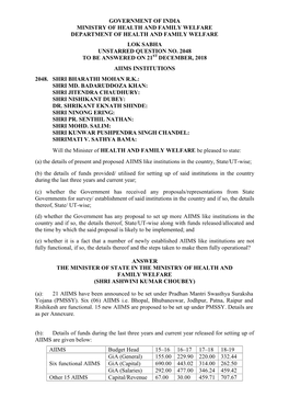 Government of India Ministry of Health and Family Welfare Department of Health and Family Welfare Lok Sabha Unstarred Question No