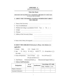 APPENDIX – I QUESTIONNAIRE ------Title of the Thesis