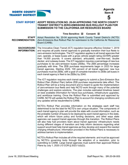 North County Transit District’S Zero-Emissions Bus Rollout Plan for Submission to the California Air Resources Board