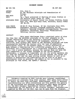 On the Phonemic Principle and Romanization of Korean