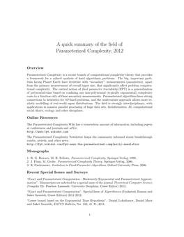 A Quick Summary of the Field of Parameterized Complexity, 2012