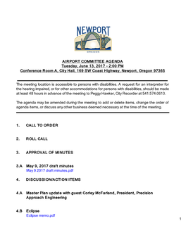 AIRPORT COMMITTEE AGENDA Tuesday, June 13, 2017 - 2:00 PM Conference Room A, City Hall, 169 SW Coast Highway, Newport, Oregon 97365