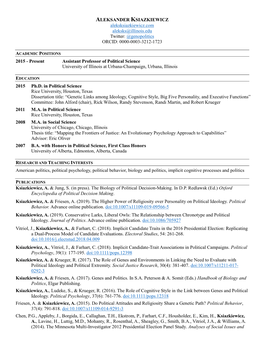 ALEKSANDER KSIAZKIEWICZ Aleksksiazkiewicz.Com Aleksks@Illinois.Edu Twitter: @Genopolitics ORCID: 0000-0003-3212-1723