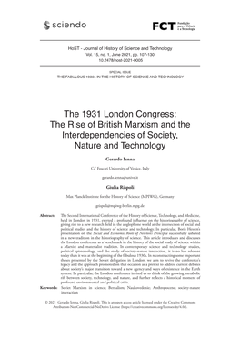 The Rise of British Marxism and the Interdependencies of Society, Nature and Technology Gerardo Ienna