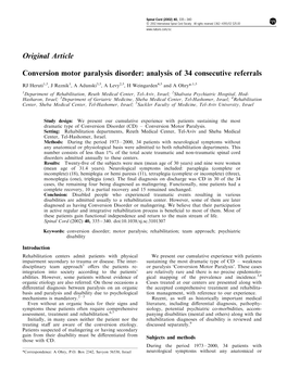 Conversion Motor Paralysis Disorder: Analysis of 34 Consecutive Referrals