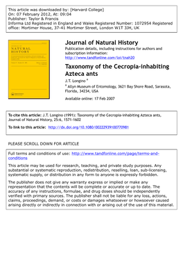 Taxonomy of the Cecropia-Inhabiting Azteca Ants J.T