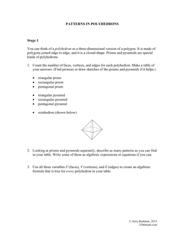 PATTERNS in POLYHEDRONS Stage 1 You Can Think of A