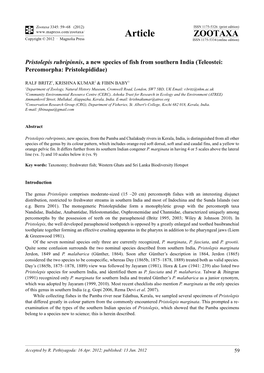 Pristolepis Rubripinnis, a New Species of Fish from Southern India (Teleostei: Percomorpha: Pristolepididae)