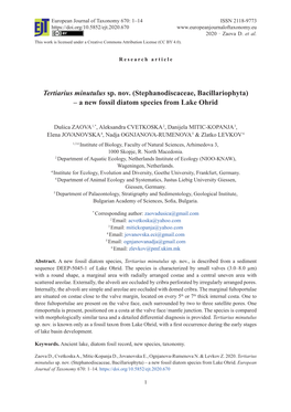 Tertiarius Minutulus Sp. Nov. (Stephanodiscaceae, Bacillariophyta) – a New Fossil Diatom Species from Lake Ohrid