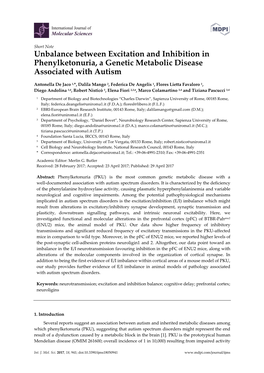 Unbalance Between Excitation and Inhibition in Phenylketonuria, a Genetic Metabolic Disease Associated with Autism