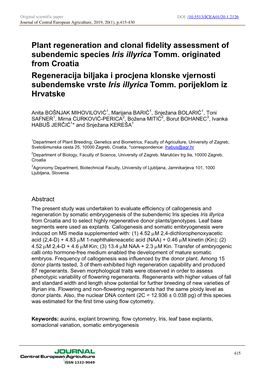 Plant Regeneration and Clonal Fidelity Assessment of Subendemic Species Iris Illyrica Tomm