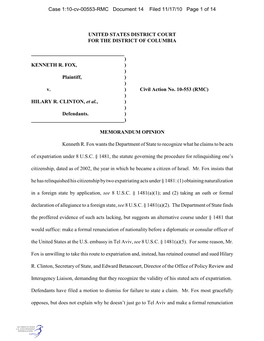 UNITED STATES DISTRICT COURT for the DISTRICT of COLUMBIA ) KENNETH R. FOX, ) ) Plaintiff, ) ) V. ) Civil Action No. 10-553 (RMC