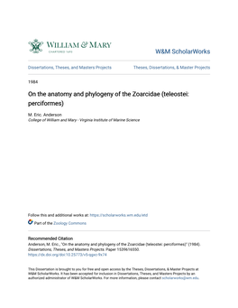 On the Anatomy and Phylogeny of the Zoarcidae (Teleostei: Perciformes)