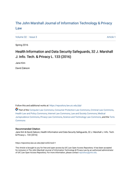 Health Information and Data Security Safeguards, 32 J