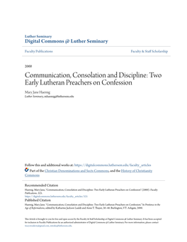 Two Early Lutheran Preachers on Confession Mary Jane Haemig Luther Seminary, Mhaemig@Luthersem.Edu