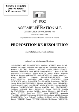 N° 1952 Assemblée Nationale Proposition De Résolution