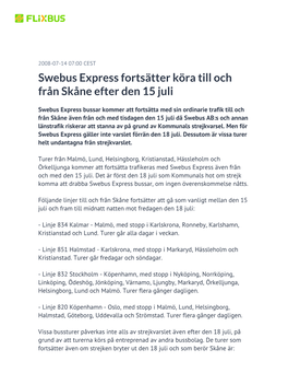 Swebus Express Fortsätter Köra Till Och Från Skåne Efter Den 15 Juli