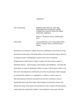 Spiritualist Ritual and the Performance of Belief: Spirit Communication in Twenty-First Century America