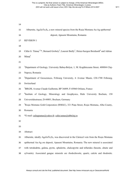 Alburnite, Ag8gete2s4, a New Mineral Species from the Roşia Montana Au-Ag Epithermal