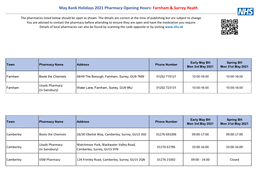 May Bank Holidays 2021 Pharmacy Opening Hours: Farnham & Surrey