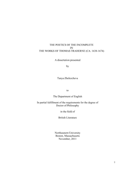 The Poetics of the Incomplete in the Works of Thomas Traherne (Ca. 1638-1674)