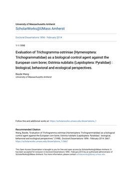 Evaluation of Trichogramma Ostriniae (Hymenoptera: Trichogrammatidae