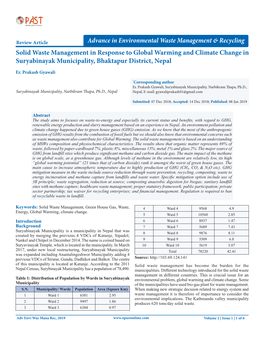 Solid Waste Management in Response to Global Warming and Climate Change in Suryabinayak Municipality, Bhaktapur District, Nepal