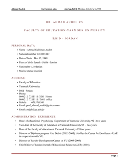 Dr. Ahmad Audeh Cv Faculty of Education-Yarmouk University Irbid