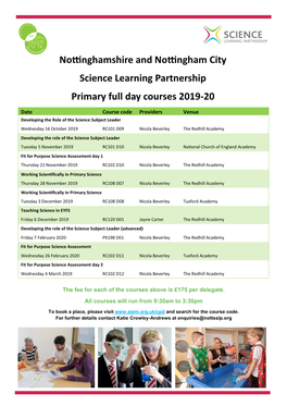 Nottinghamshire and Nottingham City Science Learning Partnership Primary Full Day Courses 2019-20