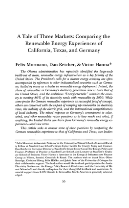 A Tale of Three Markets: Comparing the Renewable Energy Experiences of California, Texas, and Germany