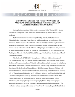 Casting Announced for Final Two Weeks of American Ballet Theatre’S 2019 Spring Season at Metropolitan Opera House