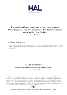 Acariformes: Parasitengona), the First Member of the Johnstonianidae Recorded in New Zealand John M