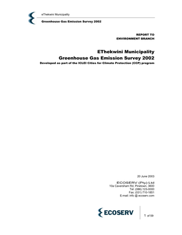 Ethekwini Municipality Greenhouse Gas Emission Survey 2002 Developed As Part of the ICLEI Cities for Climate Protection (CCP) Program