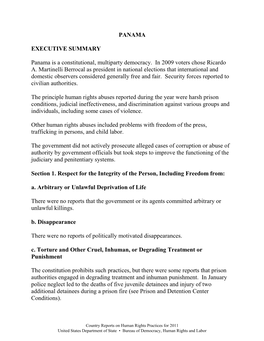 PANAMA EXECUTIVE SUMMARY Panama Is a Constitutional