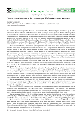 Nomenclatural Novelties in Baccharis Subgen. Molina (Asteraceae, Astereae)