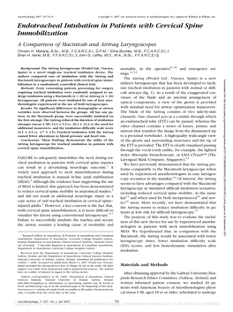 Endotracheal Intubation in Patients with Cervical Spine Immobilization a Comparison of Macintosh and Airtraq Laryngoscopes Chrisen H