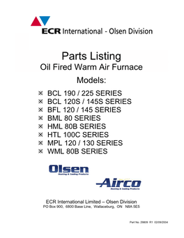 Parts Listing Oil Fired Warm Air Furnace