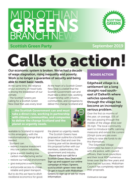 MIDLOTHIAN GREENS BRANCH NEWS Scottish Green Party September 2019 Calls to Action! Our Economic System Is Broken