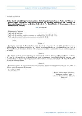 Arrêté Du 29 Juin 2015 Portant Dissolution De La Brigade Territoriale De Portes-Lès-Valence Et Modifications Corrélatives