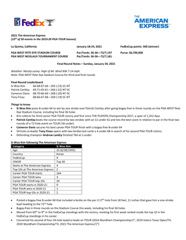 2021 the American Express (15Th of 50 Events in the 2019-20 PGA TOUR Season) La Quinta, California January 18-24, 2021 Fedexcup